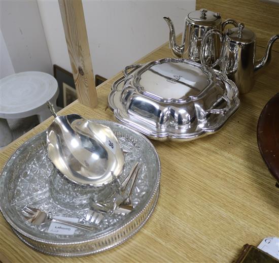 Assorted plated wares including an hors doeuvres dish, entree dish and cover, two coffee pots, five forks and a two handled bowl.